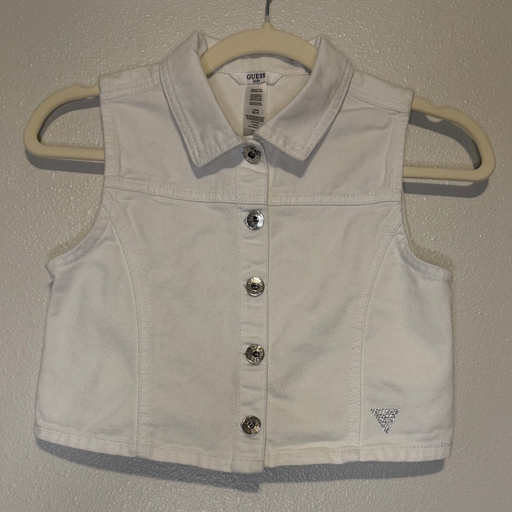 GUESS White Cropped Denim Vest with Collar